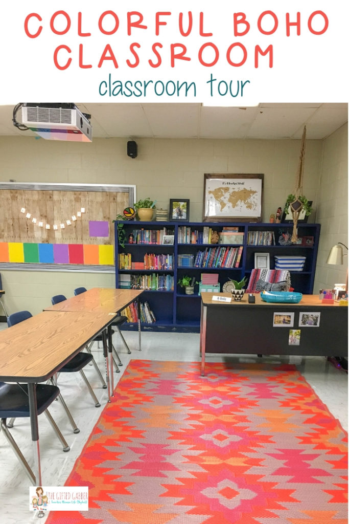 boho classroom with orange reversible plastic outdoor mat and boho classroom decor all around