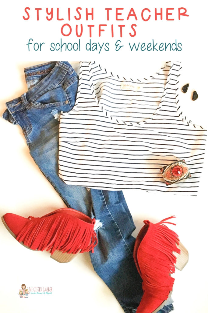 flat lay image with red fringe booties, stripes outfit and text overlay 