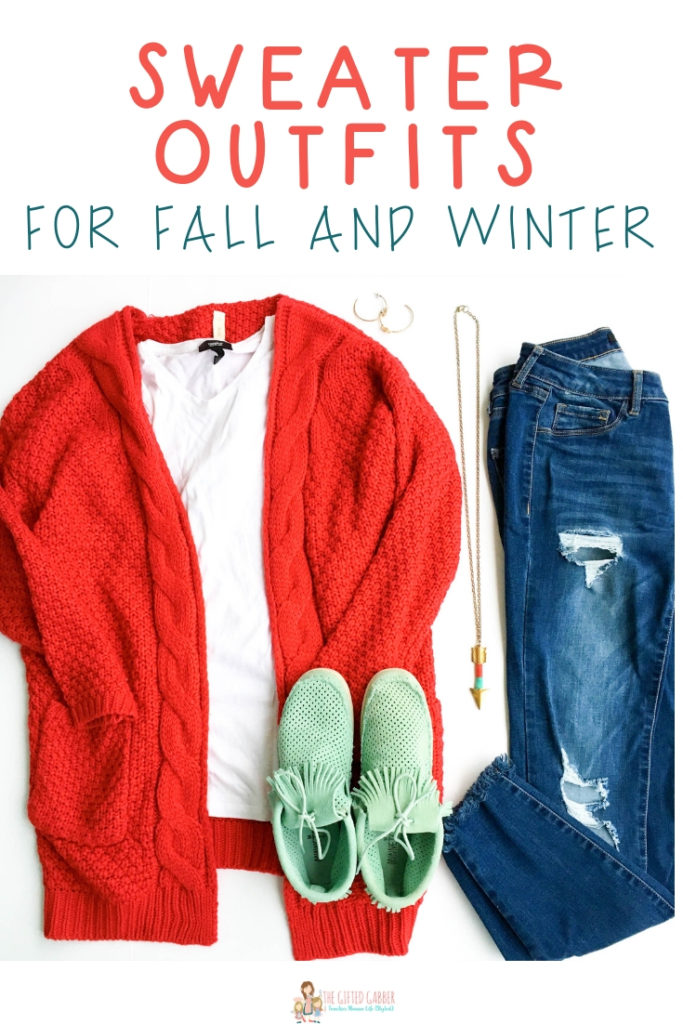 a red cardigan sweater outfit with jeans and teal Minnetonkas in a flay lay 