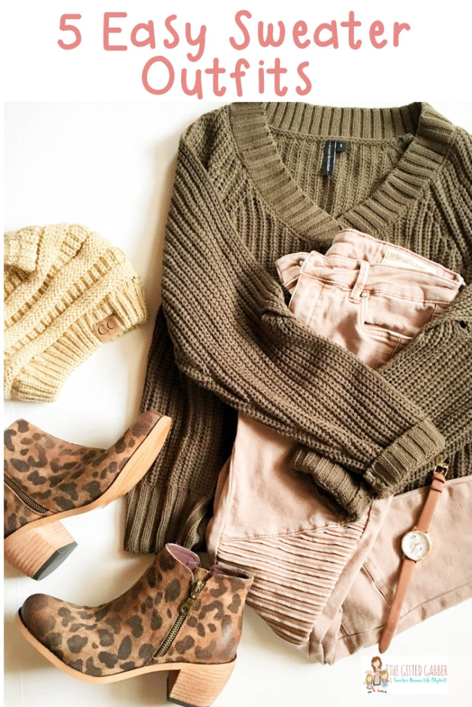 brown sweater with tan jeans and leopard booties flay lay with text overlay