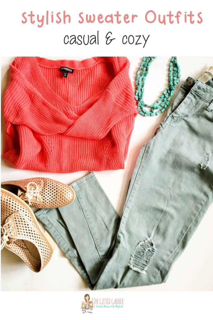 coral sweater with teal jeans and gold Oxfords flat lay with text overlay