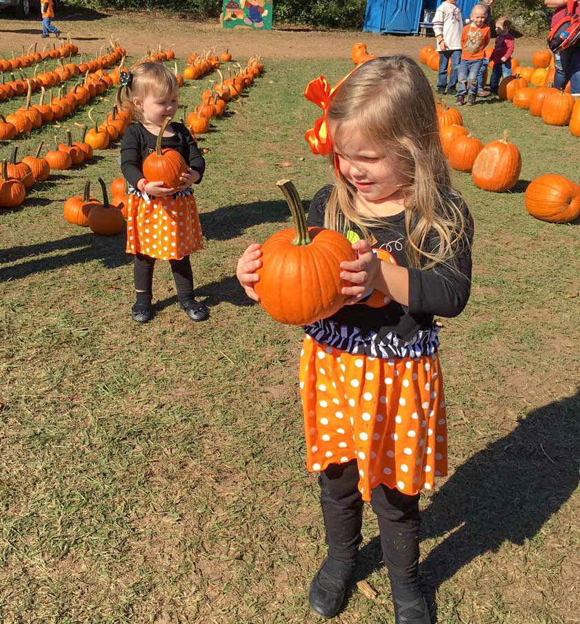 two little girls at a pumpkin patch 