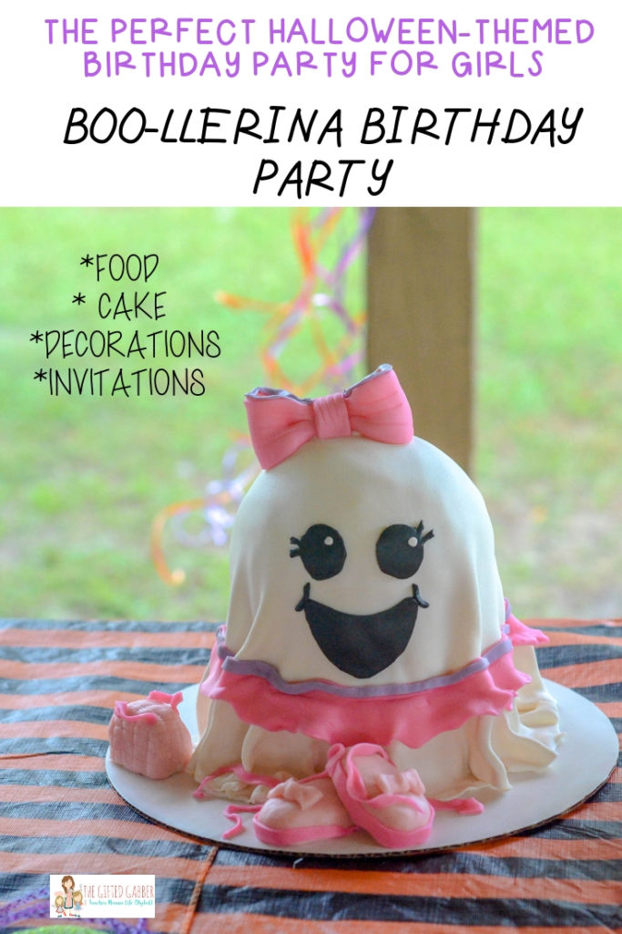 cute ghost birthday cake for a ghost party on party table with text overlay 