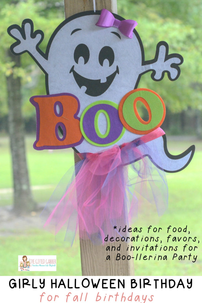 a Boo sign with a cute ghost face and a tutu with text overlay