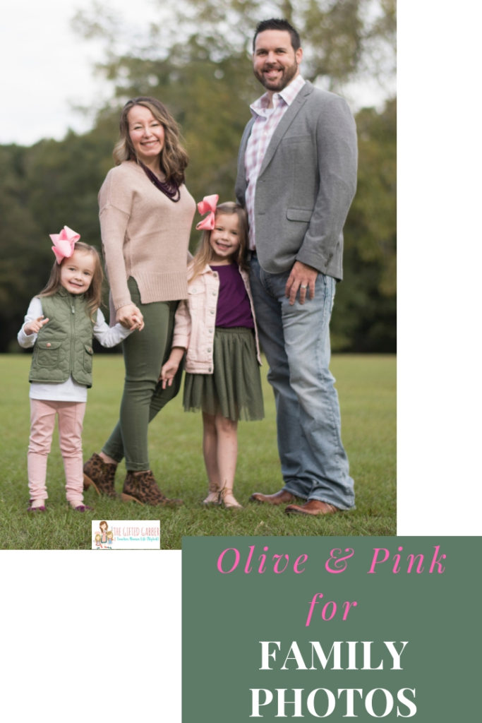 fall family pictures in pink and green with text overlay 