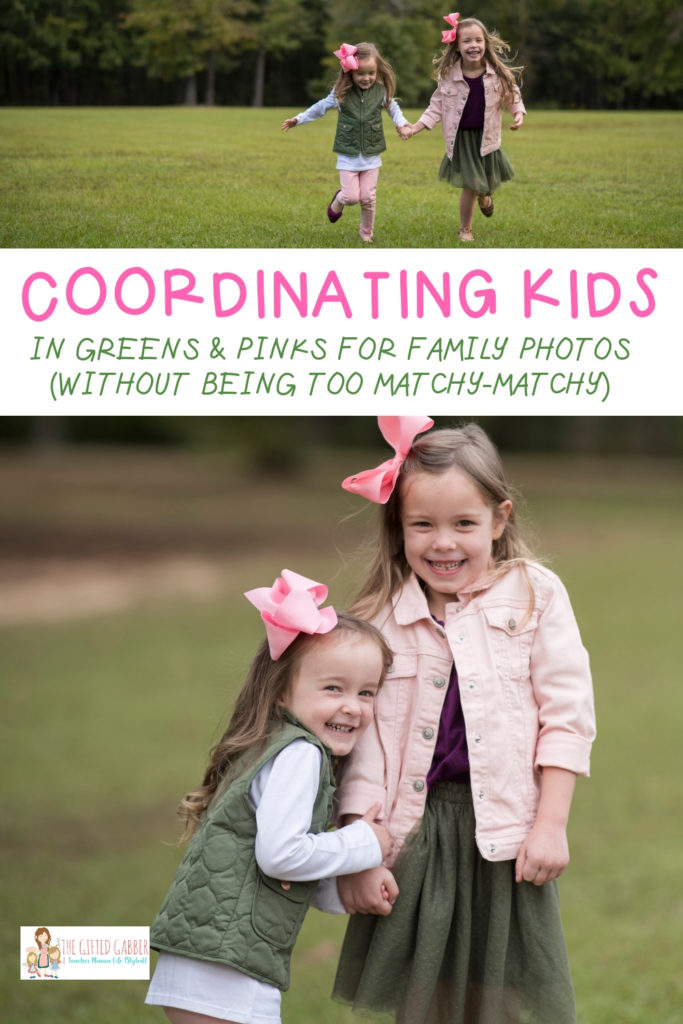 collage image of coordinating sisters in olive and pink with text overlay 