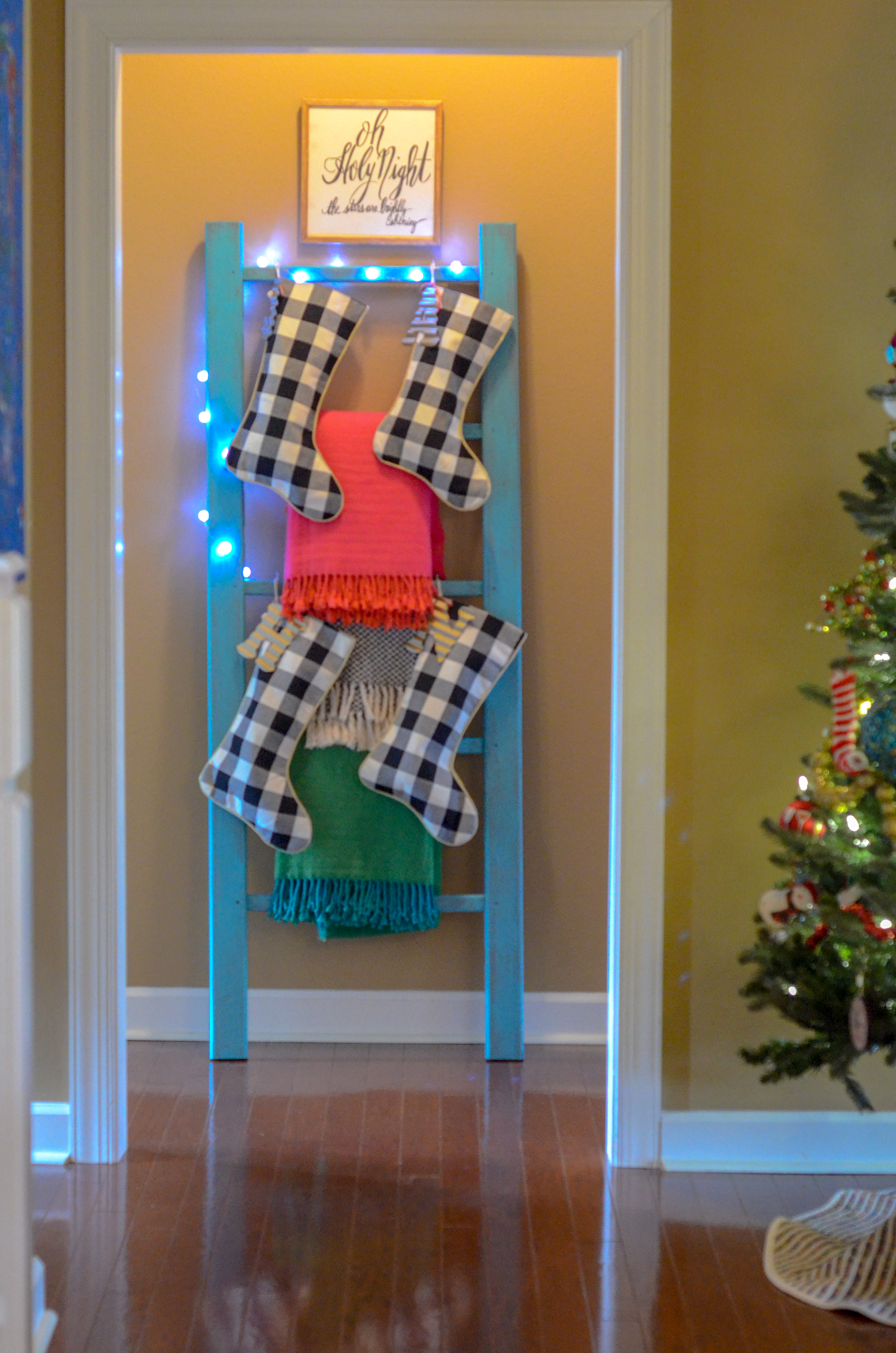 Christmas Stockings on a Blanket Ladder - The Gifted Gabber #stockings #christmas #christmasdecor