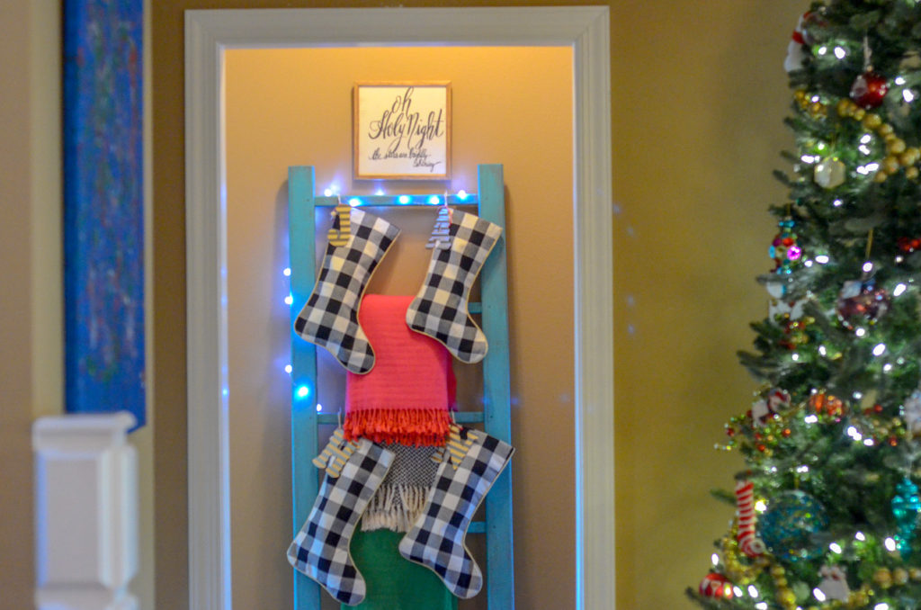 Christmas Stockings on a Blanket Ladder - The Gifted Gabber #stockings #christmas #christmasdecor