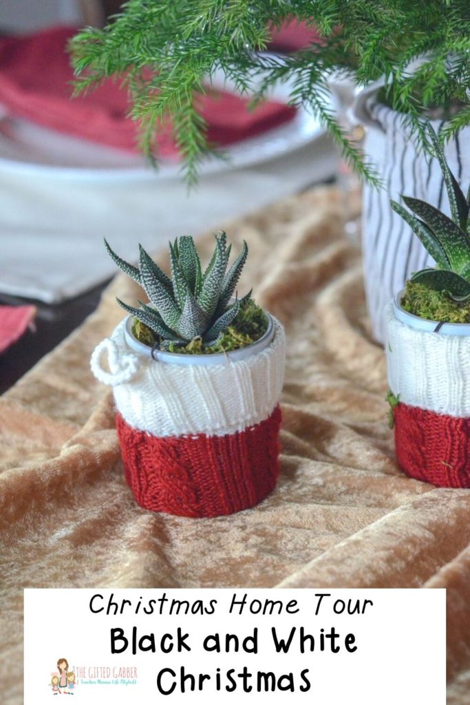 succulents in knitted stocking wraps on a black and white Christmas theme table