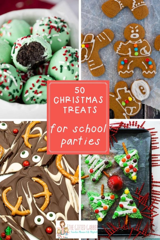 collage image of Christmas truffles, reindeer bark, Christmas gingerbread cookies, and Christmas Rice Krispie treats