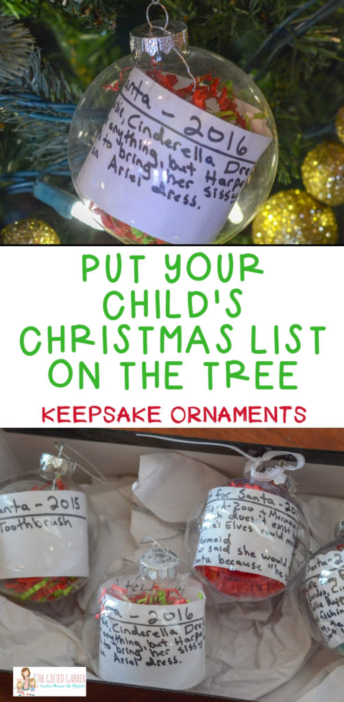 collage image with text overlay of kids Christmas list displayed in glass ornaments on tree