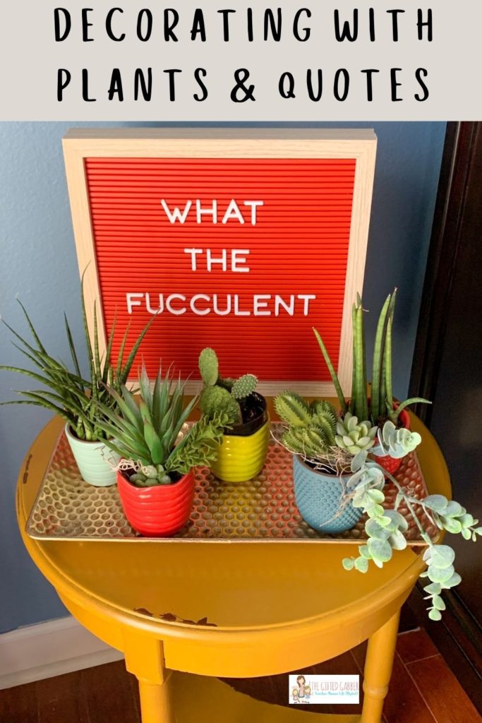 red letter board with funny succulent quote in front of tray of succulents on mustard yellow accent table