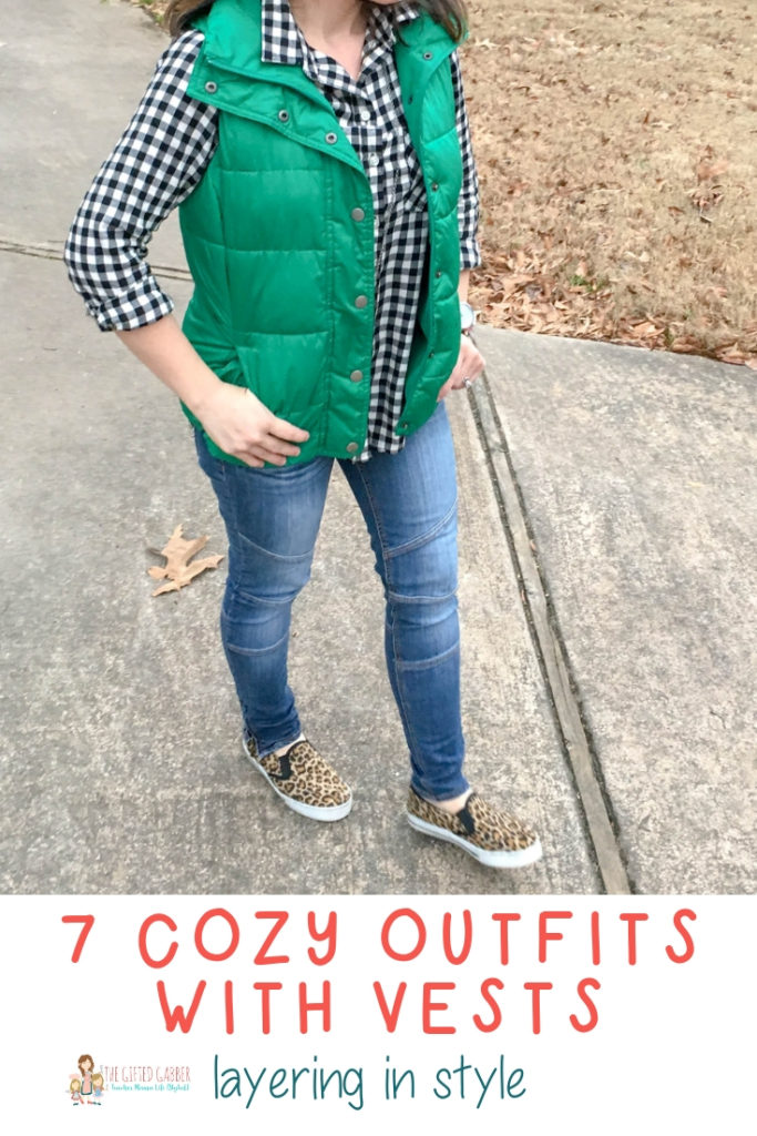 lady in green vest outfit with plaid shirt and animal print sneakers to show puffer vest outfit ideas