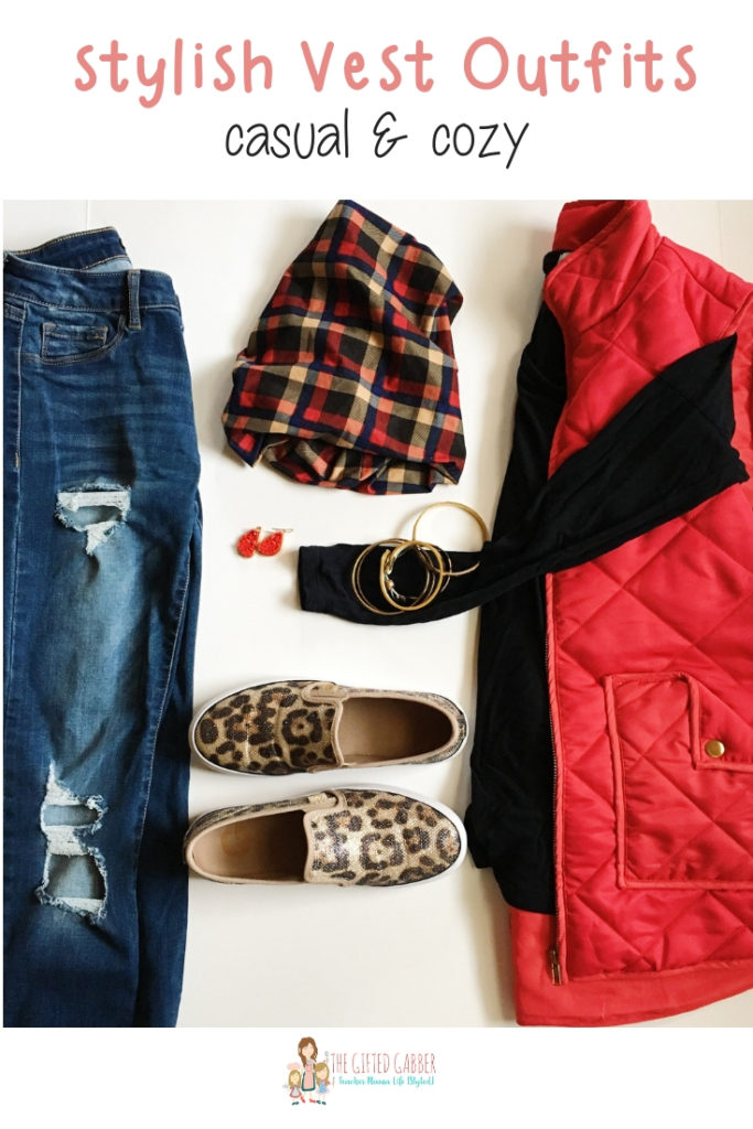 text overlay image with red vest outfit  wand leopard sneakers and plaid winter hat