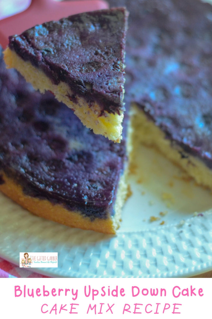 If you love pineapple upside down cake, you will want to try this easy blueberry upside down cake! This recipe starts with a doctored yellow box cake mix and ends with fresh blueberries for a moist, light cake that tastes homemade! #cake #blueberry #dessert