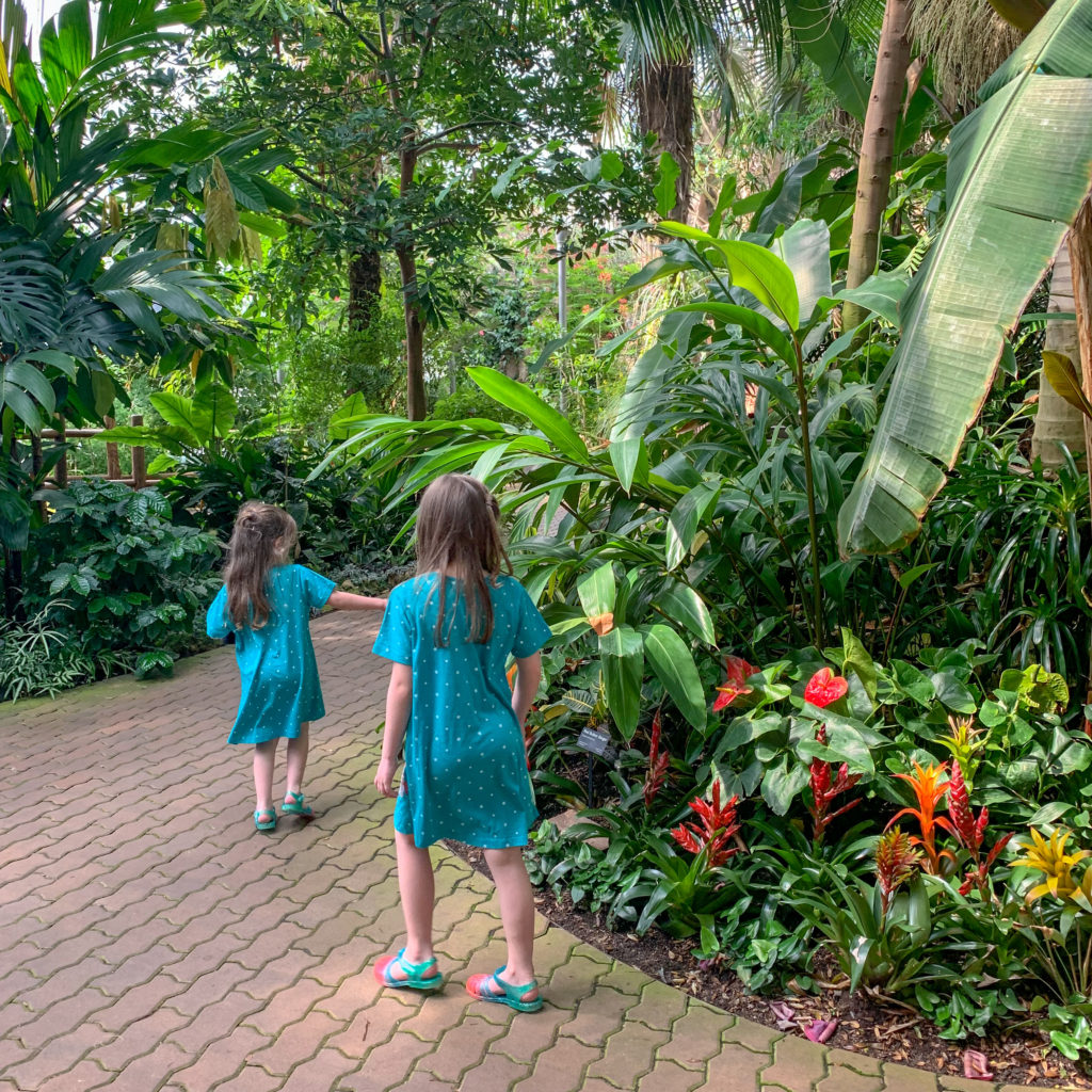 girls walk around Myriad Botanical Gardens in OKC