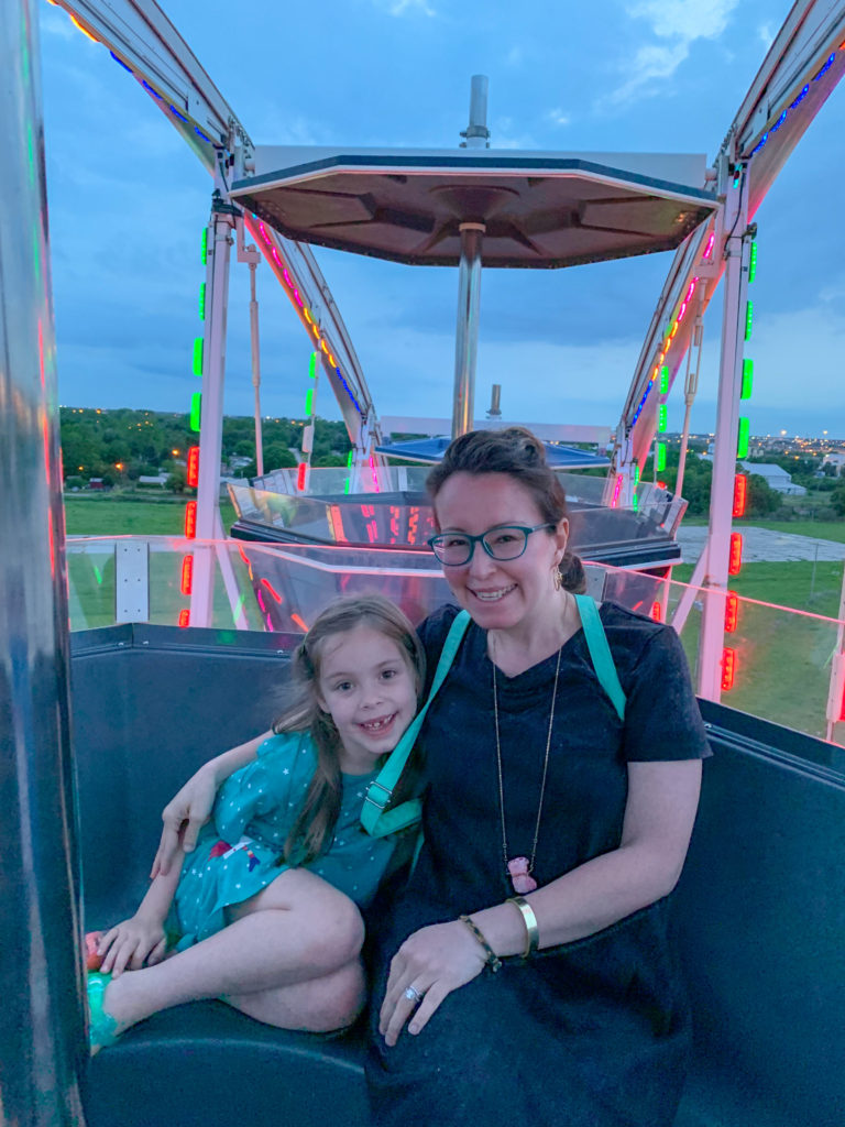 mother and daughter ride on Wheeler Ferris Wheel in OKC
