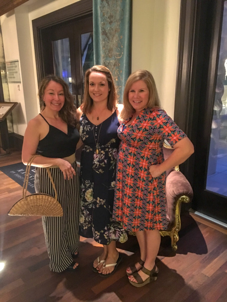 three ladies dressed up for dinner - girls' weekend in Savannah 