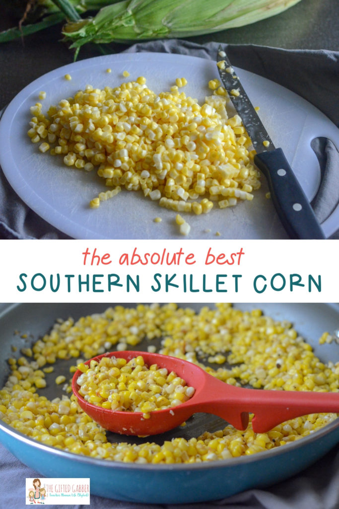 collage image with raw corn and cooked corn in a blue skillet with text overlay 