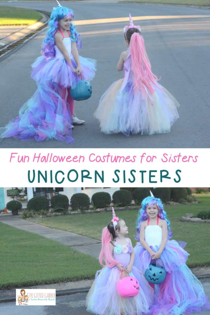 collage image of two sisters in unicorn costumes with text overlay 