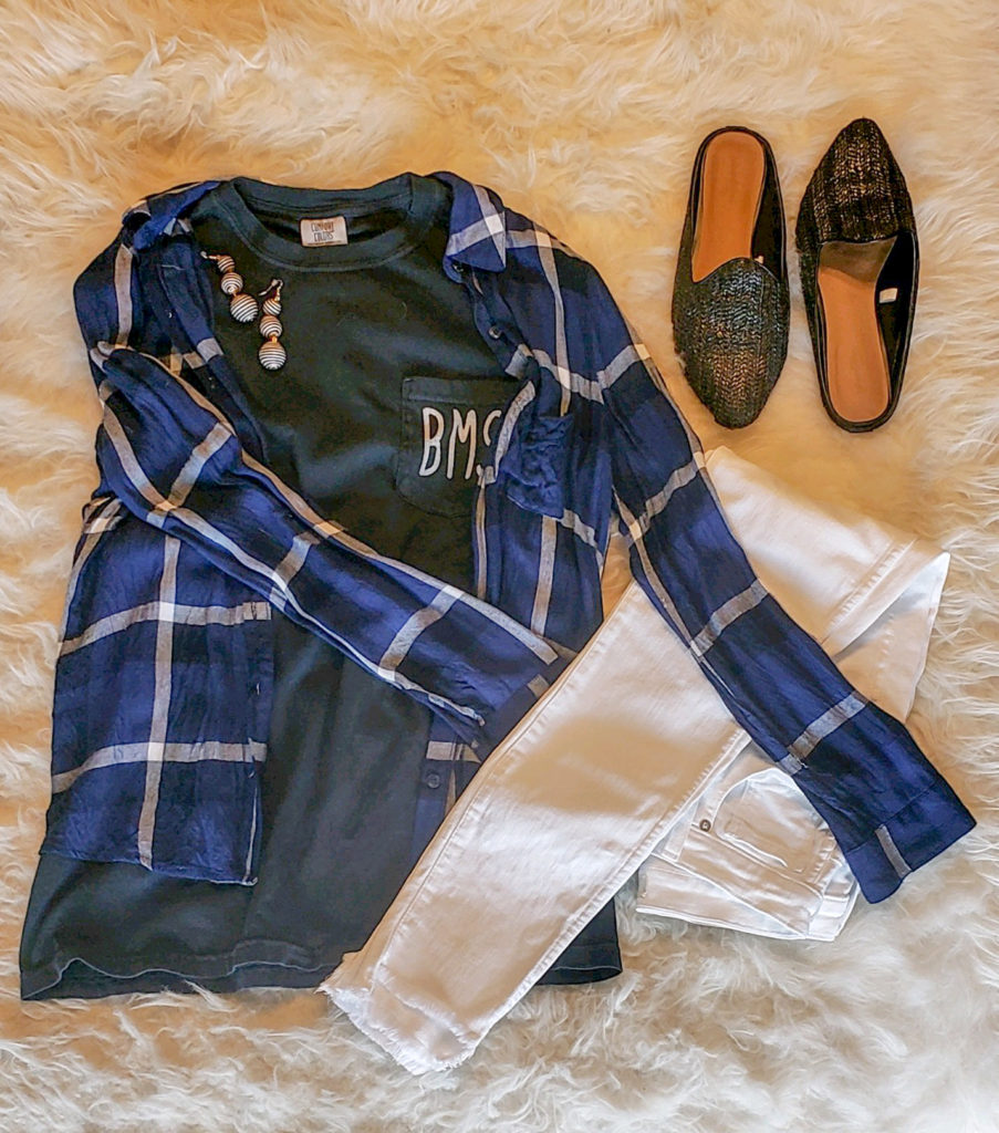 blue plaid flannel over school shirt with white jeans and black studded mules
