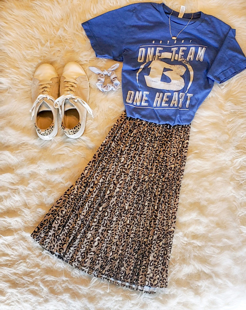 leopard skirt with blue school spirit shirt