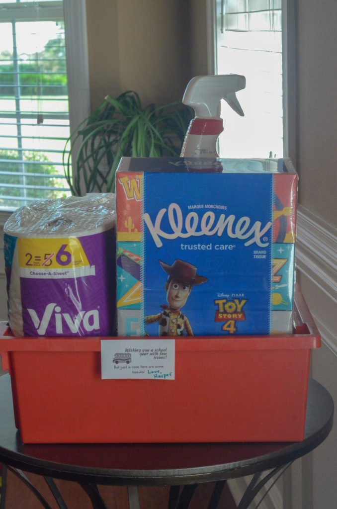 cleaning supplies gift basket for teachers in red tub with free printable 