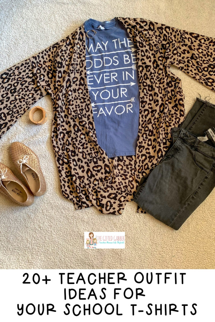 animal print cardigan over school spirit shirt with jeans and Oxfords