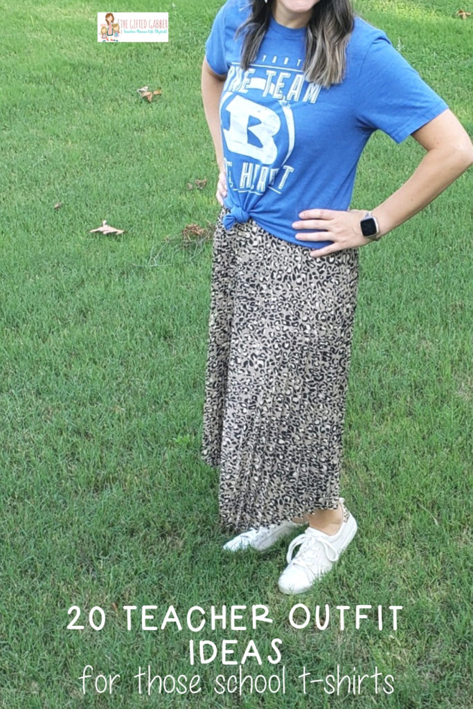 teacher wearing school spirit shirt with animal print skirt and white sneakers with text overlay 