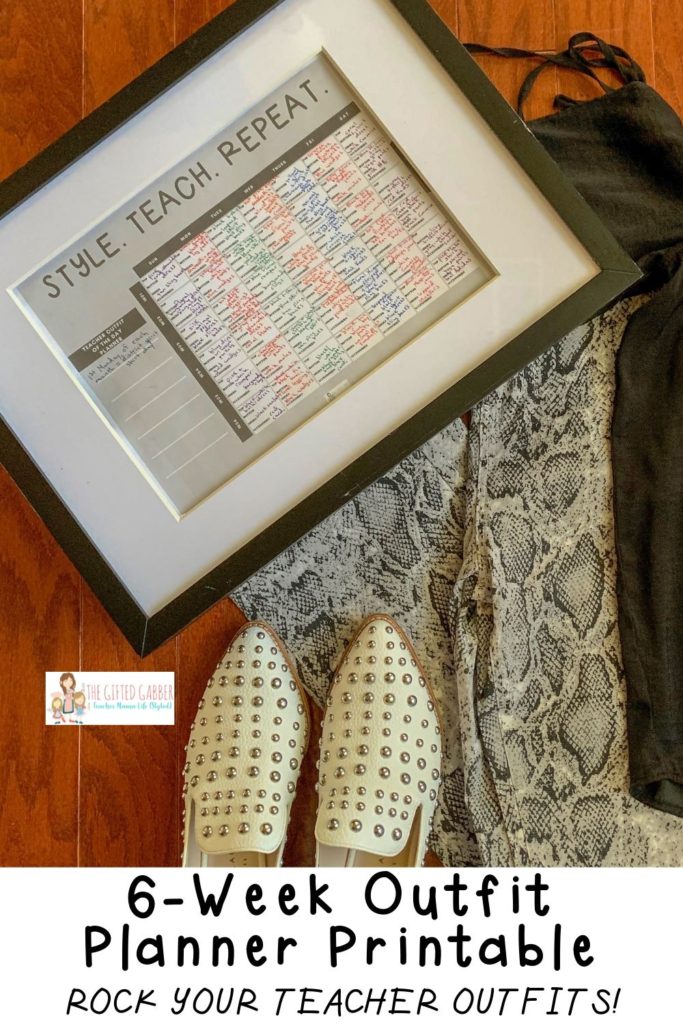 framed wardrobe planner with white studded mules and snakeskin outfit