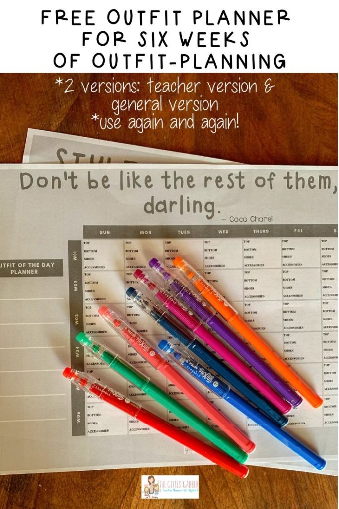 wardrobe planner with colorful pens on top
