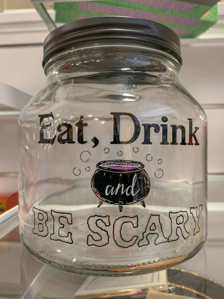 Eat Drink and Be Scary quote on candy jar 