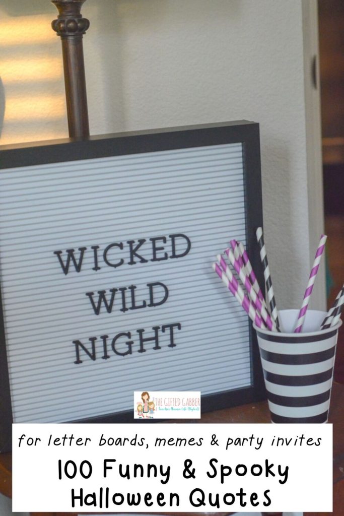 witch saying on letter boards with straws in striped cup