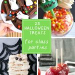 collage image with text overlay - Halloween bark, mummy marshmallow treat, Halloween apples and Frankenstein marshmallow pop - Halloween classroom treats