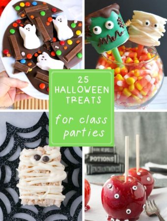 collage image with text overlay - Halloween bark, mummy marshmallow treat, Halloween apples and Frankenstein marshmallow pop - Halloween classroom treats