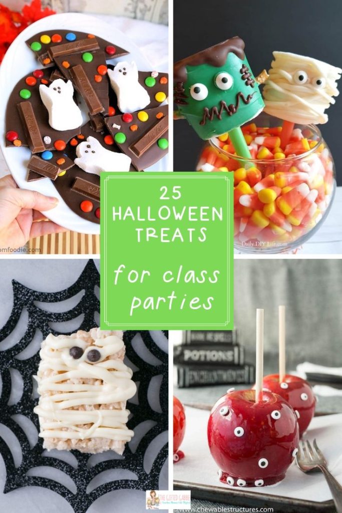 collage image with text overlay - Halloween bark, mummy marshmallow treat, Halloween apples and Frankenstein marshmallow pop - Halloween classroom treats