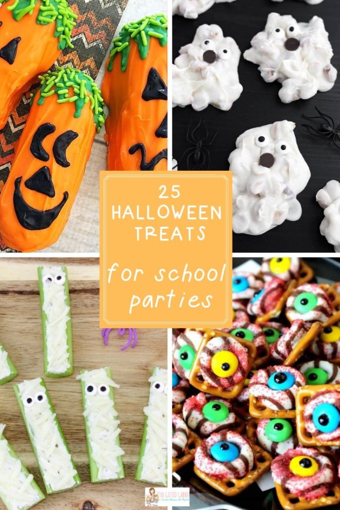 halloween school party collage - jack o'lantern Twinkies, ghost clusters, mummy celery and eyeball pretzels
