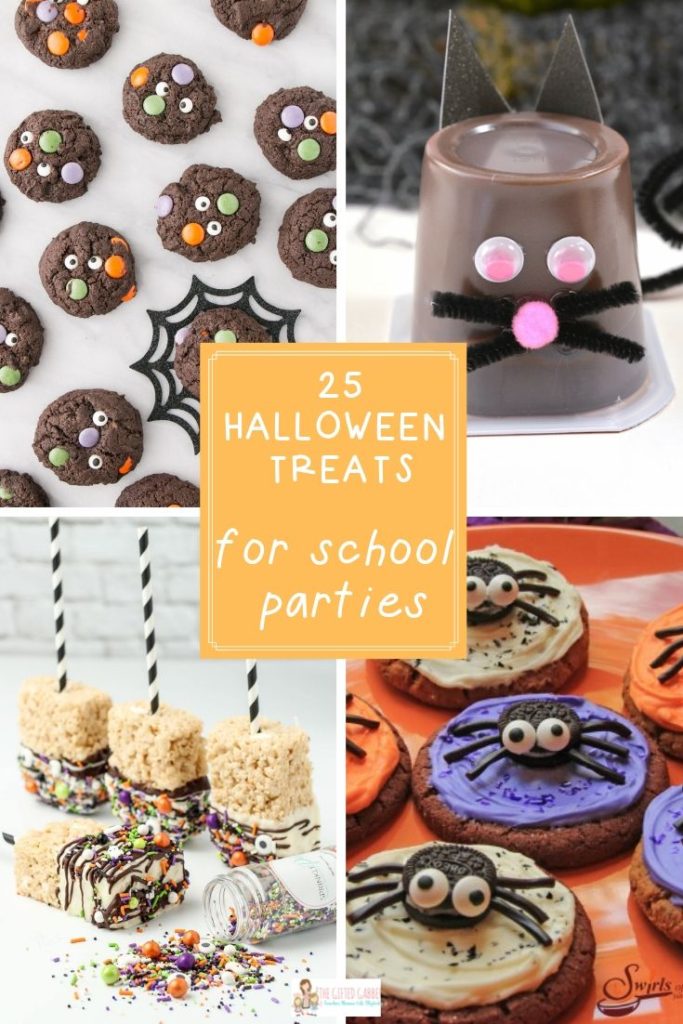 collage image of Halloween cookies, black cat pudding cup, and Halloween Rice Krispies treats