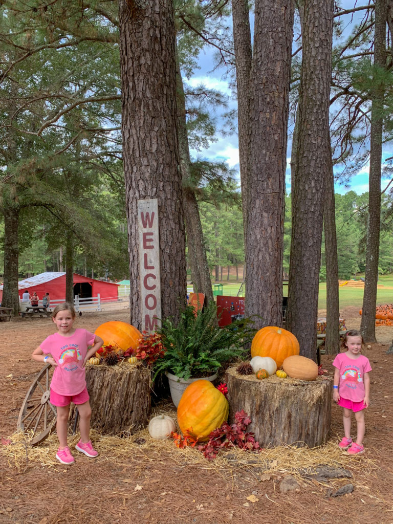 little girls posing near a harvest display