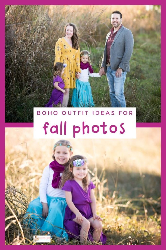 collage image of family in field wearing fall boho dresses for family photos
