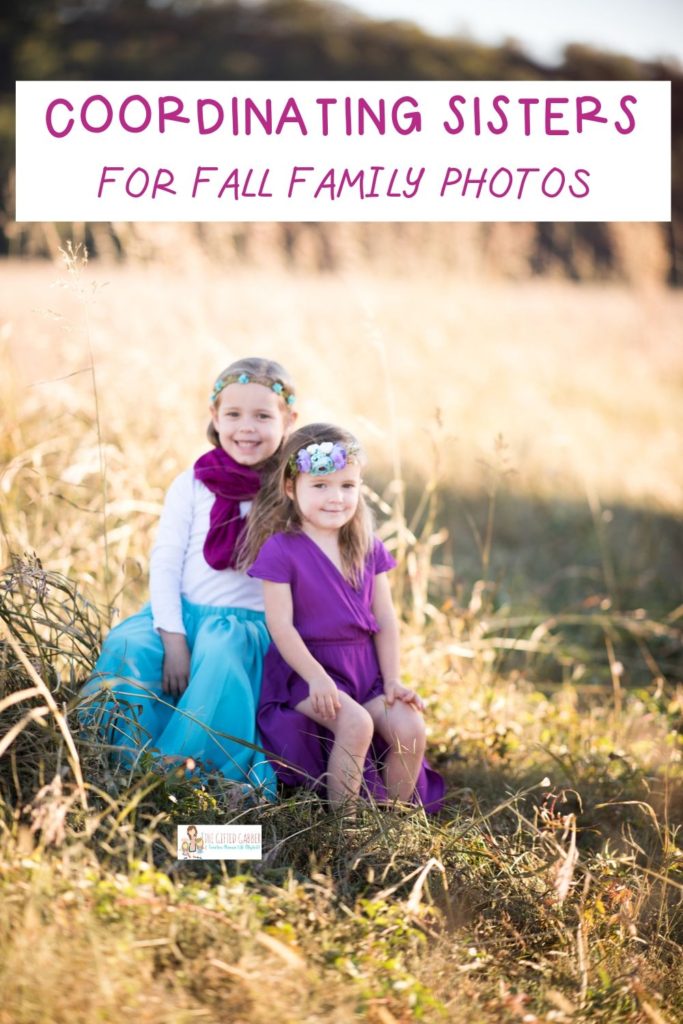 two sisters sitting on palette in field in fall boho dresses with text overlay