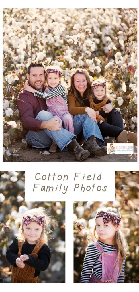collage cotton field photos with family in pink and brown outfits