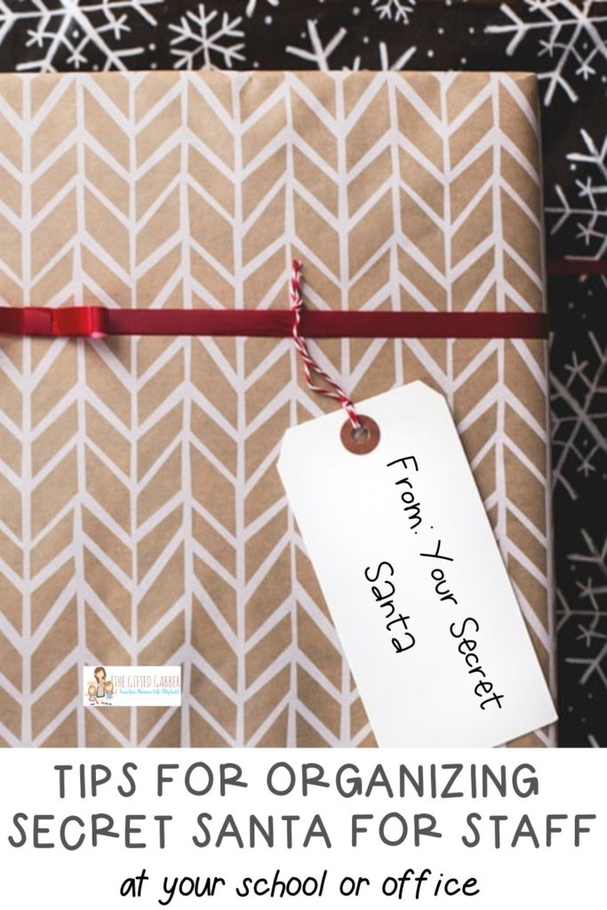 a Secret Santa gift is wrapped in brown paper with a red ribbon