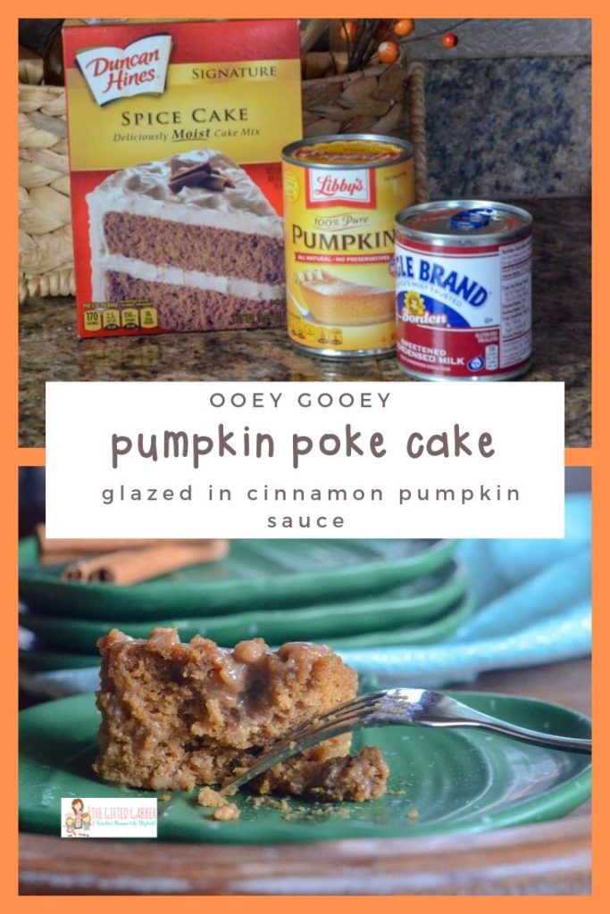 pumpkin spice poke cake collage image with ingredients and finished cake