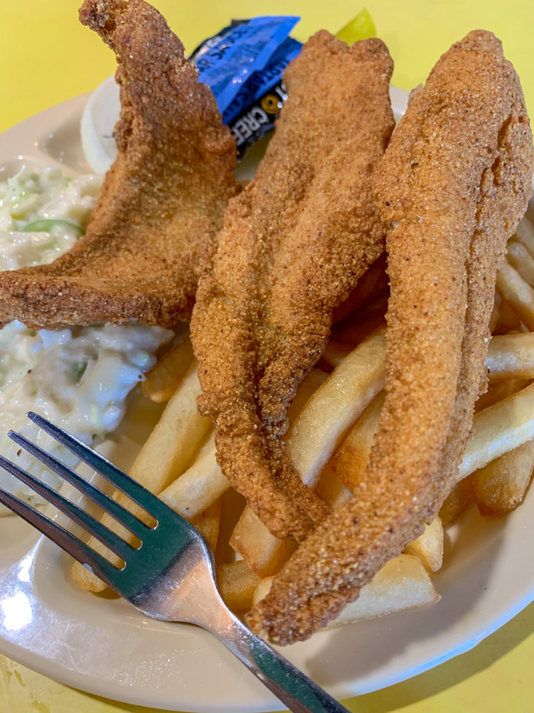 a fried catfish plate at Sno-White Dairy Bar in Des Arc, AR