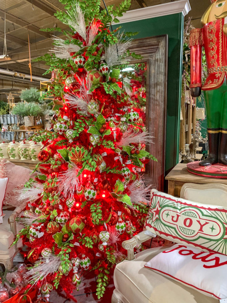 festive green and red decorative trees