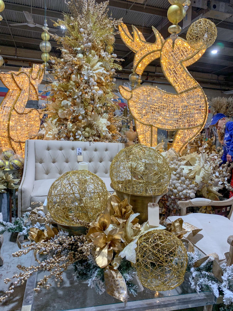 gold Christmas decorations at Guess and Company Christmas Warehouse sale in Arkansas