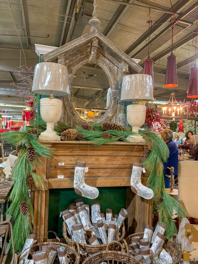 farmhouse Christmas decorations on mantle at Guess and Company