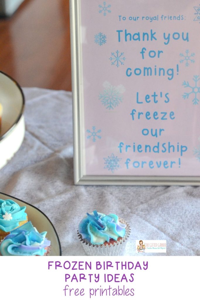 Frozen cupcakes and Frozen party printables on white snow background