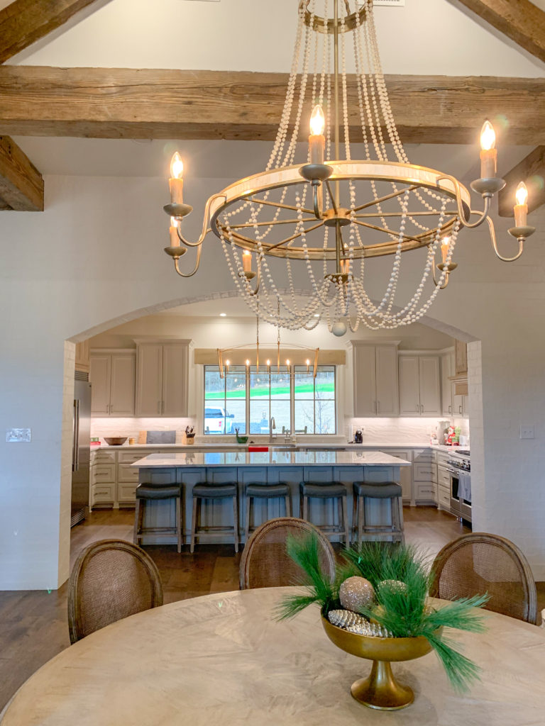 view from dining room into kitchen of modern farmhouse